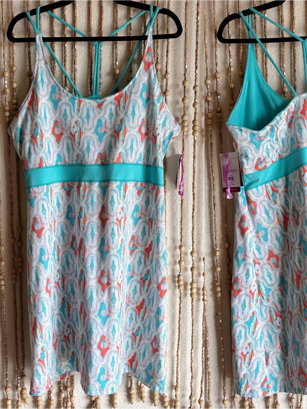Soybu Malia Dress Turquoise Orange Abstract Slip Dress Shelf Bra Athletic Dress
